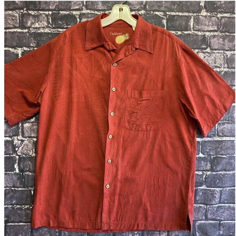 Caribbean Button Down Shirt Mens Medium Burnt Orange Silk Cotton‎ Tropical Leaf